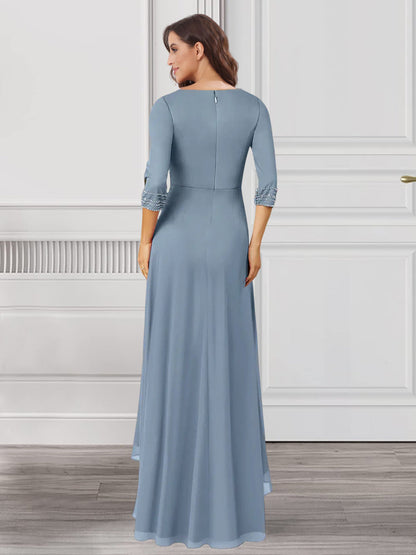 Robe de Mère de la Mariée Coupe A-Line/Princess à Col En V et Manches 3/4 avec Volants