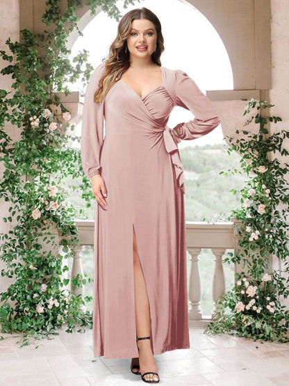 Robe de Demoiselle d'Honneur Grande Taille En Mousseline de Soie à Manches Longues et Col En Cœur avec Ceinture