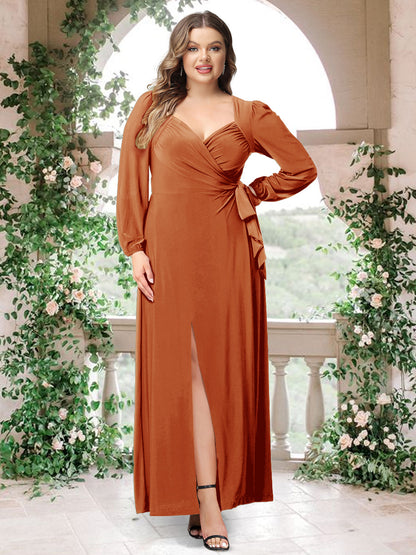 Robe de Demoiselle d'Honneur Grande Taille En Mousseline de Soie à Manches Longues et Col En Cœur avec Ceinture