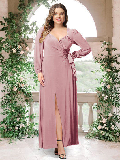 Robe de Demoiselle d'Honneur Grande Taille En Mousseline de Soie à Manches Longues et Col En Cœur avec Ceinture