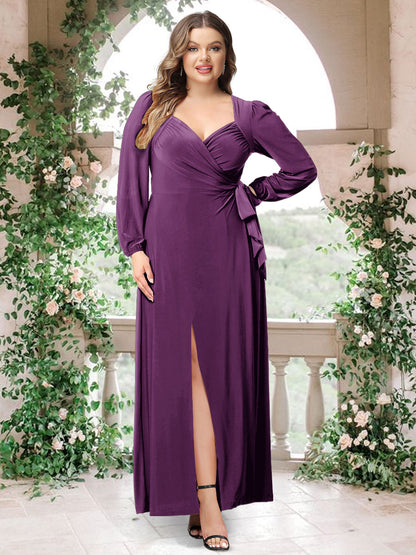 Robe de Demoiselle d'Honneur Grande Taille En Mousseline de Soie à Manches Longues et Col En Cœur avec Ceinture