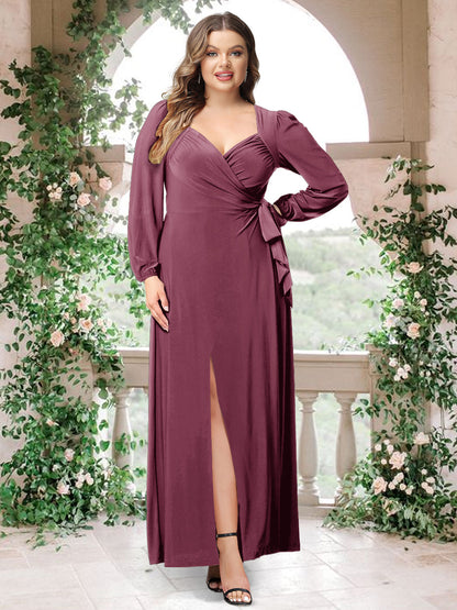 Robe de Demoiselle d'Honneur Grande Taille En Mousseline de Soie à Manches Longues et Col En Cœur avec Ceinture