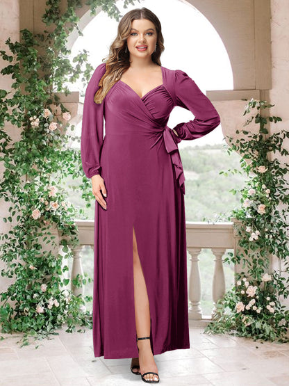 Robe de Demoiselle d'Honneur Grande Taille En Mousseline de Soie à Manches Longues et Col En Cœur avec Ceinture