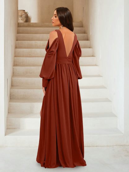 Robes de Demoiselle d'Honneur à Manches Longues et Col En V avec Fente
