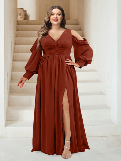 Robe de Demoiselled'Honneur Grande Taille, Coupe Trapèze, Col en V, Manches Longues et Fente