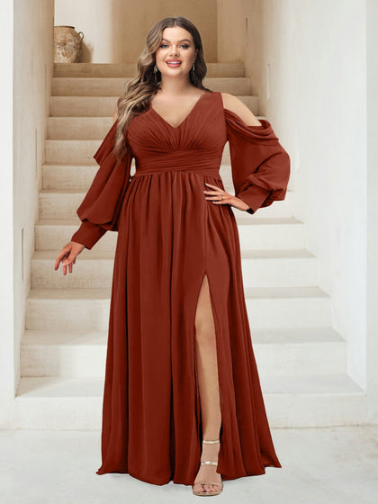 Robe de Demoiselled'Honneur Grande Taille, Coupe Trapèze, Col en V, Manches Longues et Fente
