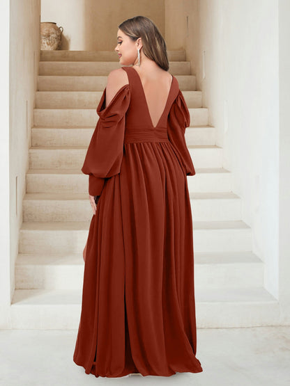 Robe de Demoiselled'Honneur Grande Taille, Coupe Trapèze, Col en V, Manches Longues et Fente