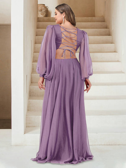Robe de Demoiselled'Honneur Grande Taille, Coupe Trapèze/Princesse, Col en V, Longueur au Sol, en Mousseline Froncée avec Fente Sur le Côté