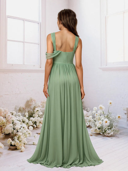 Robe de Demoiselle d'Honneur En Mousseline de Soie Froncée Coupe A-Line/Princess Longueur Au Sol avec Fente Sur Le Côté