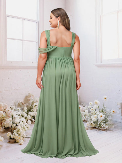 Robe de Demoiselled'Honneur Grande Taille, Coupe Trapèze/Princesse, Longueur au Sol, en Mousseline Froncée avec Fente Latérale