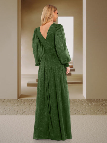 Robe de Demoiselle d'Honneur Sexy A-Line/Princess à Col En V et Manches Longues avec Fente Latérale