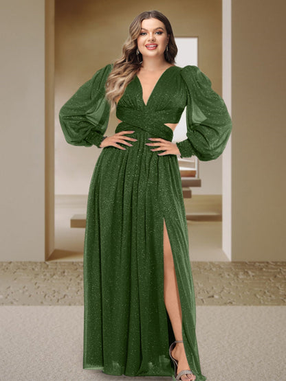 Robe de Demoiselled'Honneur Sexy Grande Taille, Coupe Trapèze/Princesse, Col en V, Manches Longues, Longueur au Sol, Fente Latérale