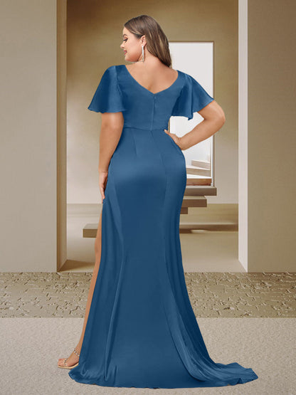 Robe de Demoiselled'Honneur Grande Taille, Style Sirène, Col en V, Manches Courtes, Froncée avec Fente Latérale et Volants