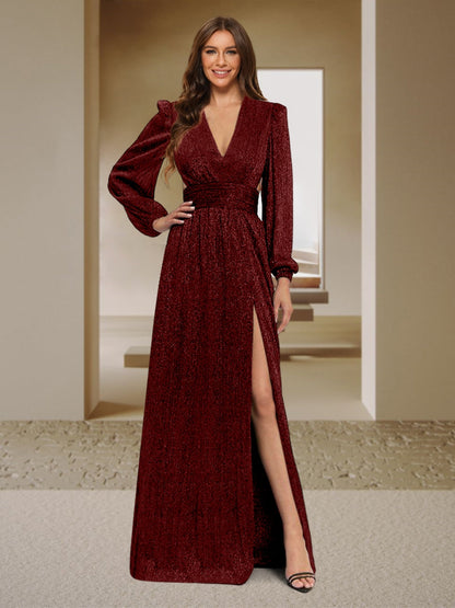 Robe de Soirée Trapèze/Princesse à Col En V Manches Longues Longueur Au Sol avec Fente Sur Le Côté