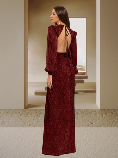 Robe de Soirée Trapèze/Princesse à Col En V Manches Longues Longueur Au Sol avec Fente Sur Le Côté