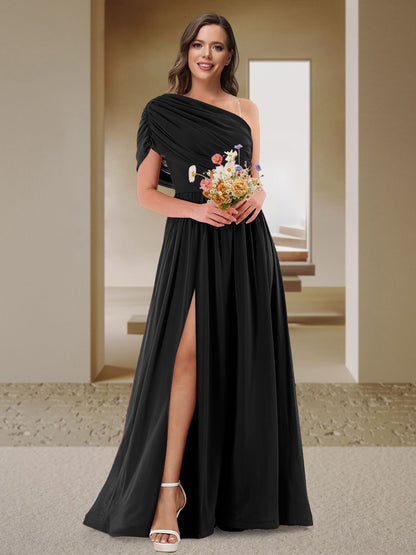 Robe de Demoiselle d'Honneur En Satin Froncé à Une Épaule et Coupe Princesse avec Fente Latérale