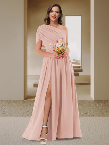 Robe de Demoiselle d'Honneur En Satin Froncé à Une Épaule et Coupe Princesse avec Fente Latérale