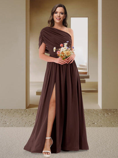 Robe de Demoiselle d'Honneur En Satin Froncé à Une Épaule et Coupe Princesse avec Fente Latérale