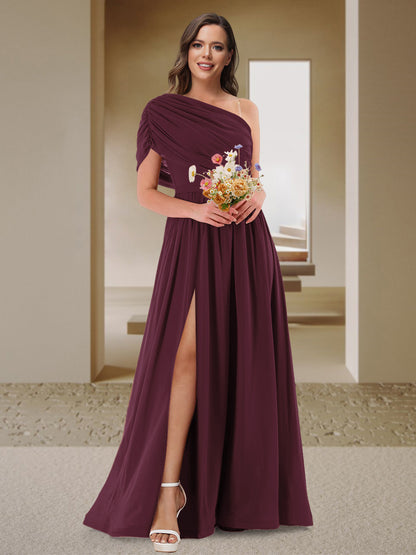 Robe de Demoiselle d'Honneur En Satin Froncé à Une Épaule et Coupe Princesse avec Fente Latérale