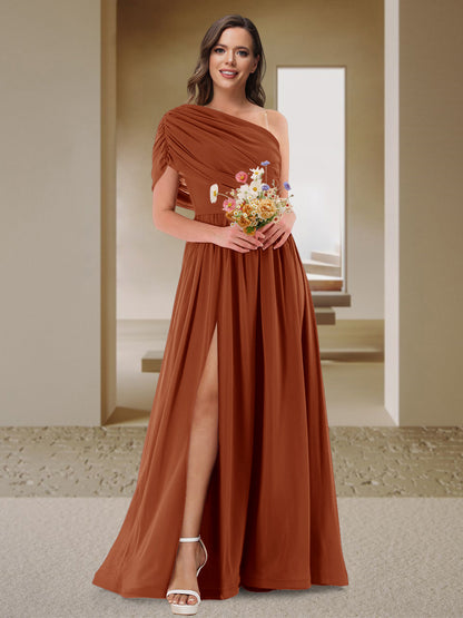 Robe de Demoiselle d'Honneur En Satin Froncé à Une Épaule et Coupe Princesse avec Fente Latérale