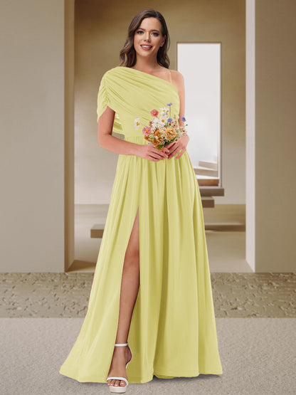 Robe de Demoiselle d'Honneur En Satin Froncé à Une Épaule et Coupe Princesse avec Fente Latérale