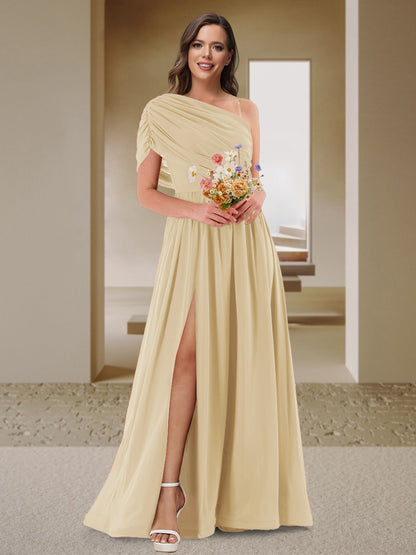 Robe de Demoiselle d'Honneur En Satin Froncé à Une Épaule et Coupe Princesse avec Fente Latérale