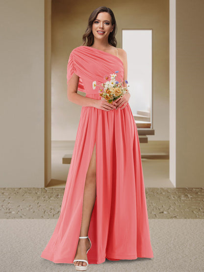 Robe de Demoiselle d'Honneur En Satin Froncé à Une Épaule et Coupe Princesse avec Fente Latérale