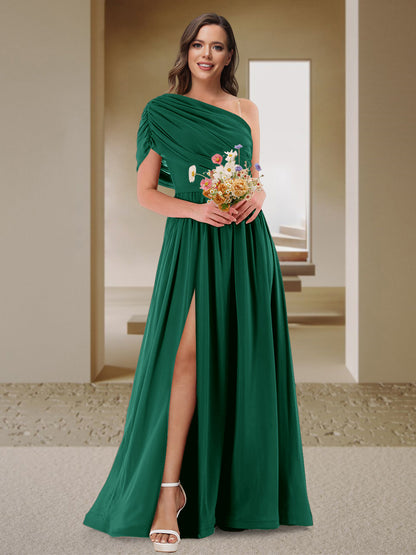Robe de Demoiselle d'Honneur En Satin Froncé à Une Épaule et Coupe Princesse avec Fente Latérale