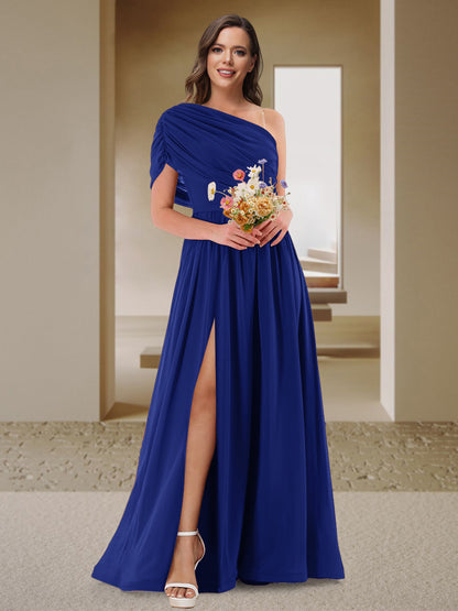 Robe de Demoiselle d'Honneur En Satin Froncé à Une Épaule et Coupe Princesse avec Fente Latérale