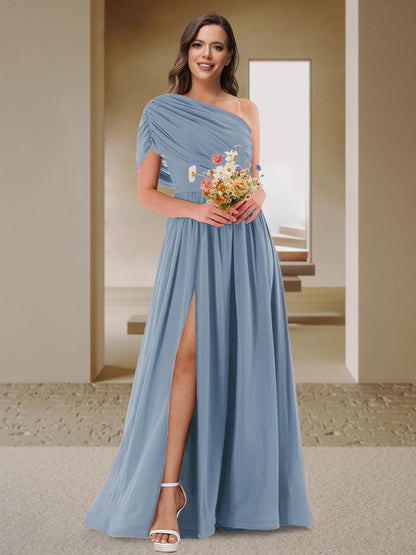 Robe de Demoiselle d'Honneur En Satin Froncé à Une Épaule et Coupe Princesse avec Fente Latérale