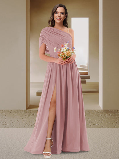 Robe de Demoiselle d'Honneur En Satin Froncé à Une Épaule et Coupe Princesse avec Fente Latérale