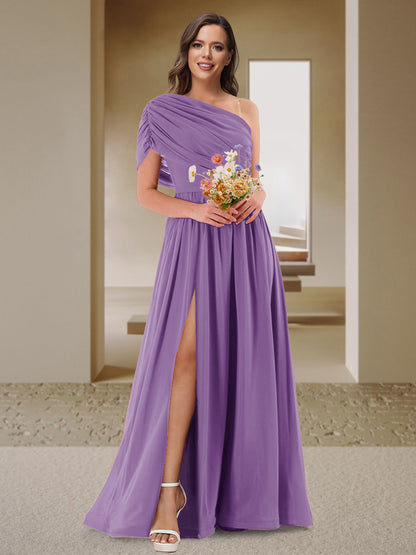 Robe de Demoiselle d'Honneur En Satin Froncé à Une Épaule et Coupe Princesse avec Fente Latérale