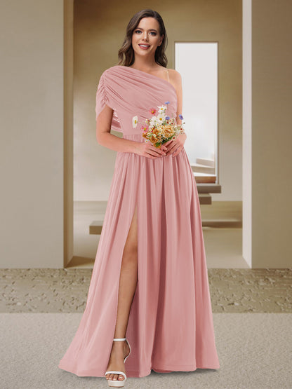 Robe de Demoiselle d'Honneur En Satin Froncé à Une Épaule et Coupe Princesse avec Fente Latérale