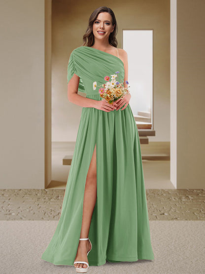 Robe de Demoiselle d'Honneur En Satin Froncé à Une Épaule et Coupe Princesse avec Fente Latérale