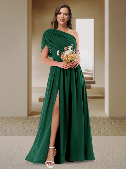 Robe de Demoiselle d'Honneur En Satin Froncé à Une Épaule et Coupe Princesse avec Fente Latérale