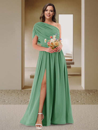 Robe de Demoiselle d'Honneur En Satin Froncé à Une Épaule et Coupe Princesse avec Fente Latérale