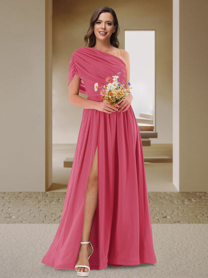 Robe de Demoiselle d'Honneur En Satin Froncé à Une Épaule et Coupe Princesse avec Fente Latérale