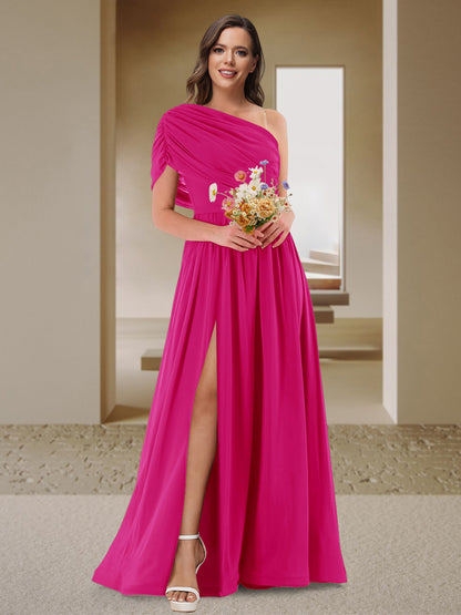 Robe de Demoiselle d'Honneur En Satin Froncé à Une Épaule et Coupe Princesse avec Fente Latérale