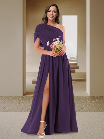 Robe de Demoiselle d'Honneur En Satin Froncé à Une Épaule et Coupe Princesse avec Fente Latérale