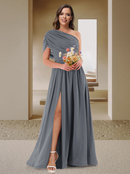 Robe de Demoiselle d'Honneur En Satin Froncé à Une Épaule et Coupe Princesse avec Fente Latérale