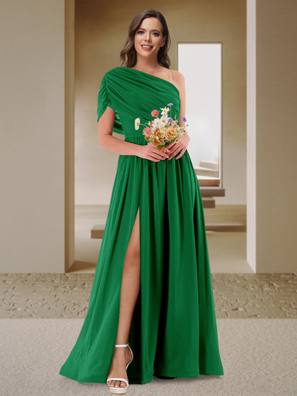 Robe de Demoiselle d'Honneur En Satin Froncé à Une Épaule et Coupe Princesse avec Fente Latérale
