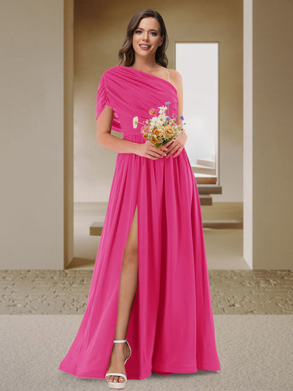 Robe de Demoiselle d'Honneur En Satin Froncé à Une Épaule et Coupe Princesse avec Fente Latérale