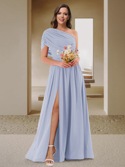Robe de Demoiselle d'Honneur En Satin Froncé à Une Épaule et Coupe Princesse avec Fente Latérale
