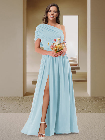 Robe de Demoiselle d'Honneur En Satin Froncé à Une Épaule et Coupe Princesse avec Fente Latérale