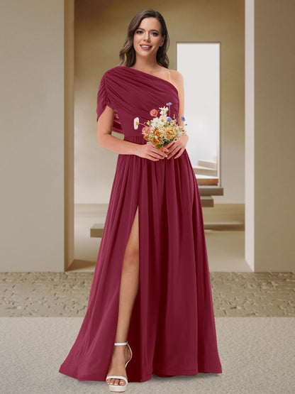 Robe de Demoiselle d'Honneur En Satin Froncé à Une Épaule et Coupe Princesse avec Fente Latérale