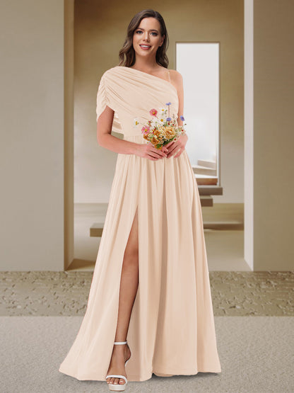 Robe de Demoiselle d'Honneur En Satin Froncé à Une Épaule et Coupe Princesse avec Fente Latérale