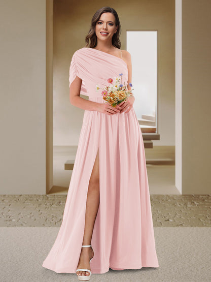 Robe de Demoiselle d'Honneur En Satin Froncé à Une Épaule et Coupe Princesse avec Fente Latérale