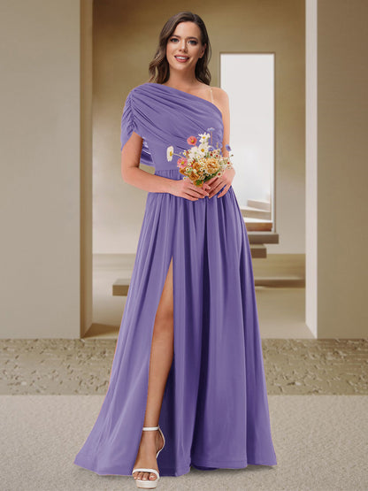 Robe de Demoiselle d'Honneur En Satin Froncé à Une Épaule et Coupe Princesse avec Fente Latérale