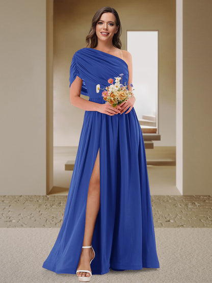 Robe de Demoiselle d'Honneur En Satin Froncé à Une Épaule et Coupe Princesse avec Fente Latérale