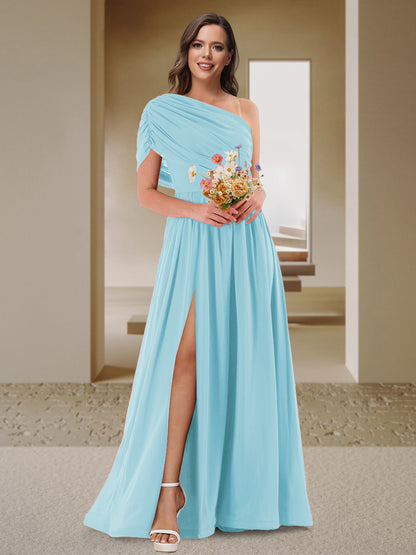 Robe de Demoiselle d'Honneur En Satin Froncé à Une Épaule et Coupe Princesse avec Fente Latérale